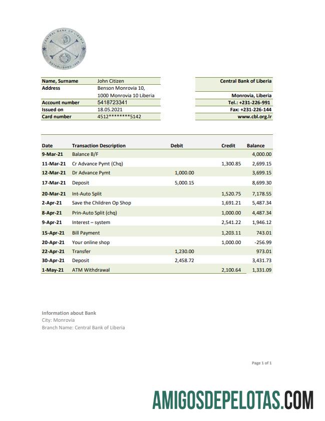 Extrato bancário do Banco Central da Libéria para impressão, modelo fácil de preencher em formato de arquivo .xls e .pdf
